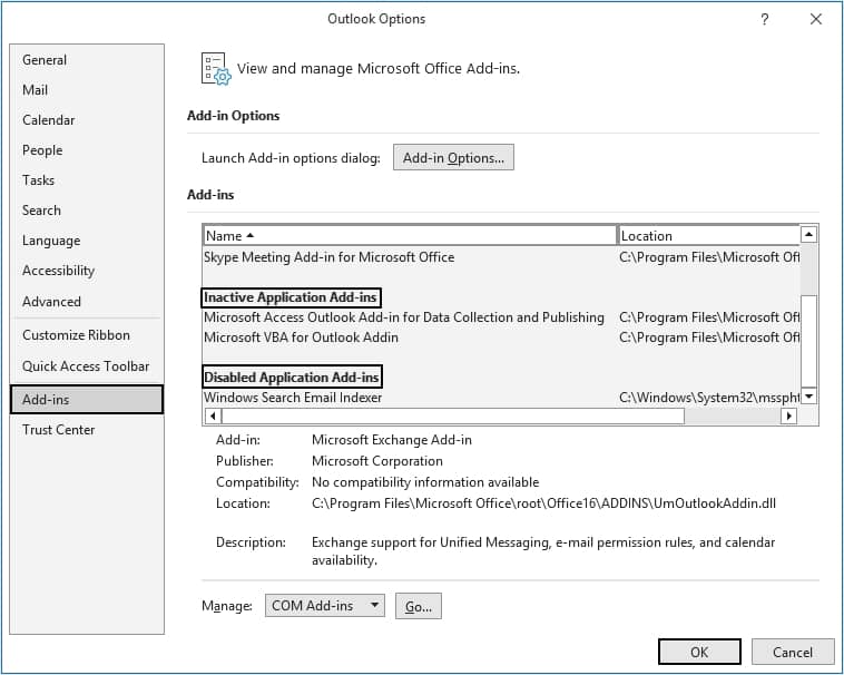for Inactive Application Add-ins 