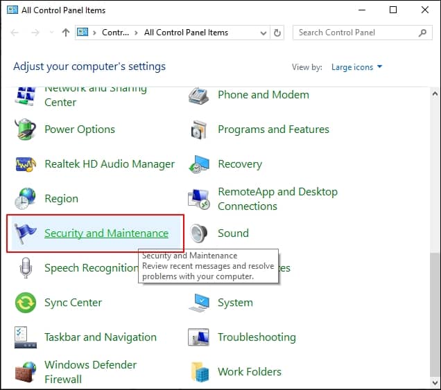 Control Panel and select Security and Maintenance
