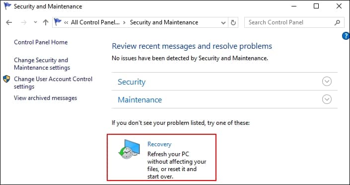 Select the option Recovery