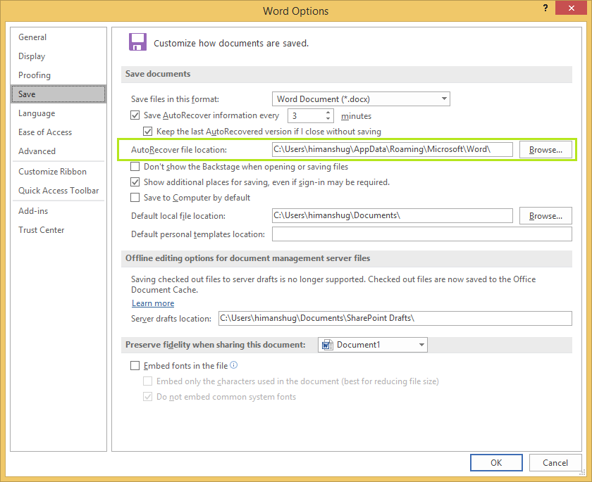 Auto recover file location