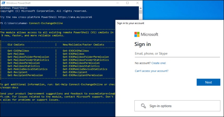 A sign in window will appear after the Exchange Online module loads