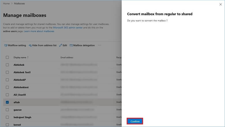 confirm that you want to share regular mailbox to shared one