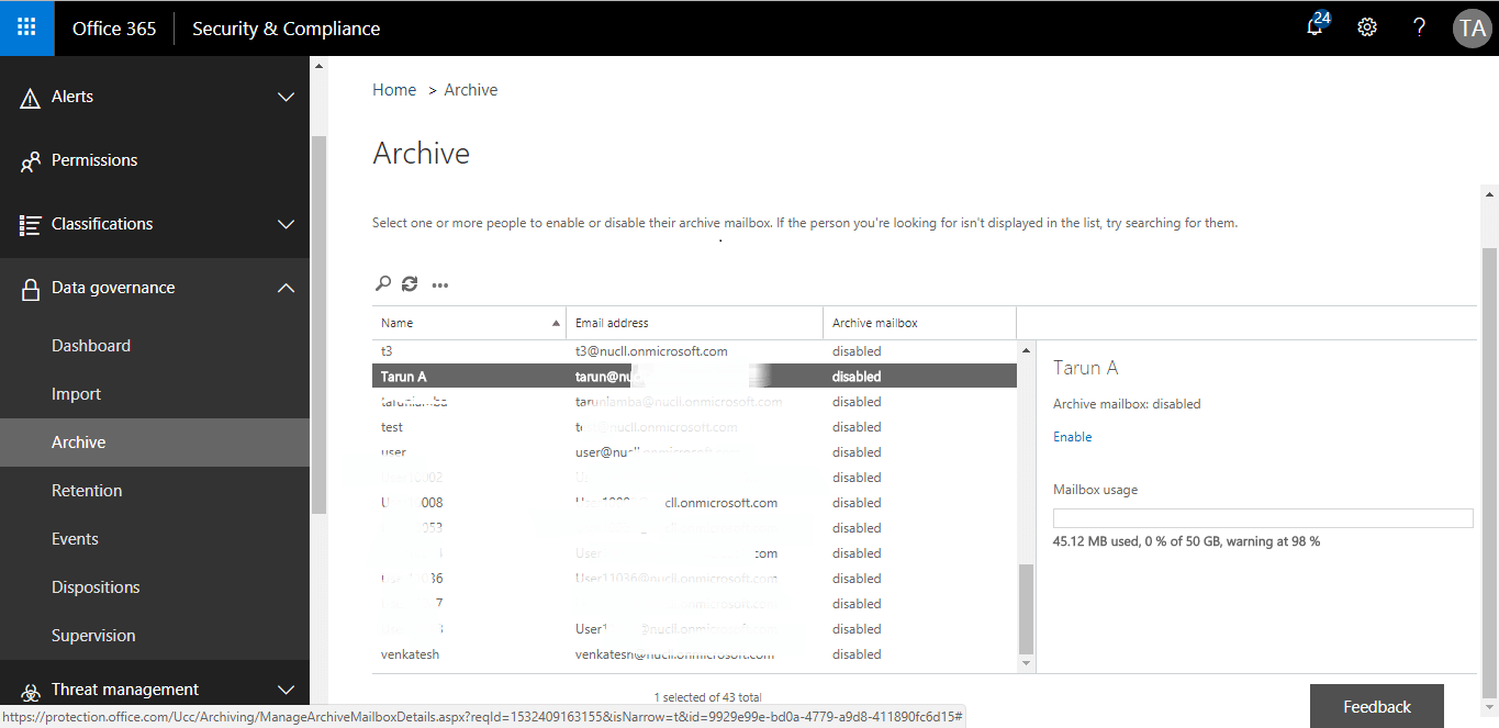 elect the mailbox for which you want to enable Archive mailbox