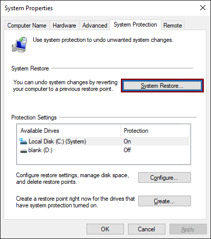 click on the System Restore