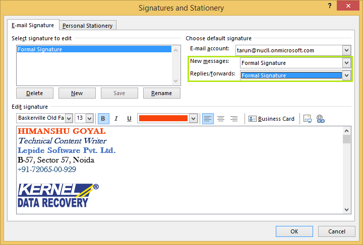 Choose default signature