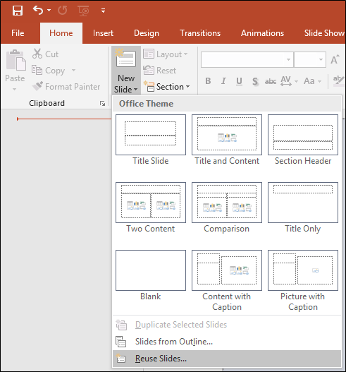 select “Reuse Slides” from the drop-down menu