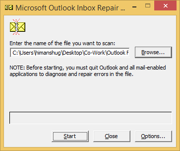 Browse PST file to repair