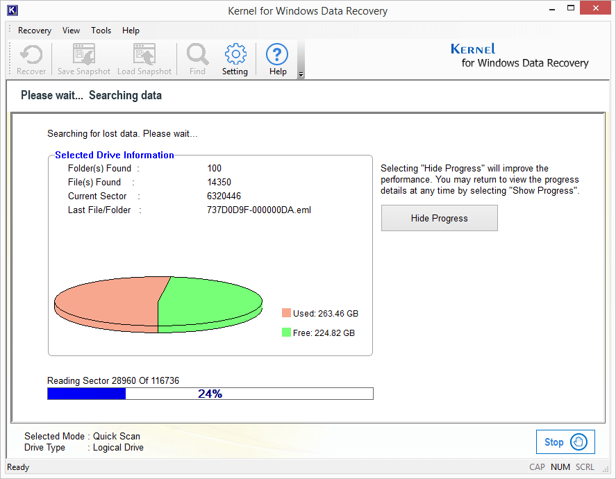 l'outil commencera à scanner le disque dur sélectionné