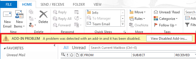 Image result for slow and disabled addin outlook message