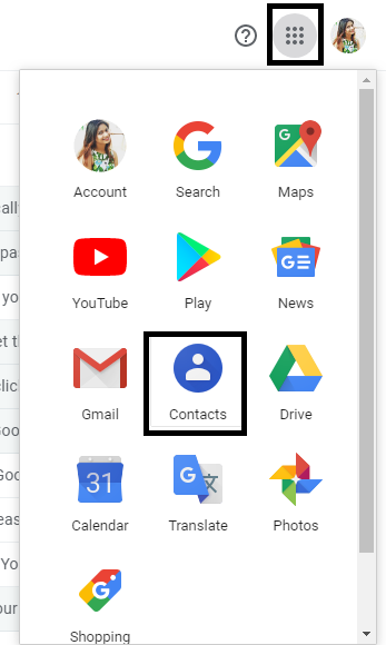 select contacts on Google applications menu