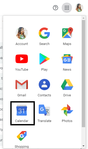 select calendar on Google applications menu