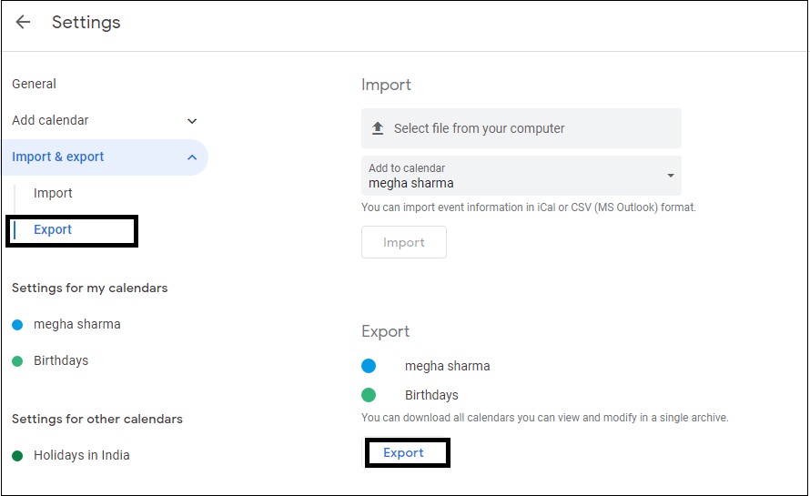 select Export in right panel and export in left panel