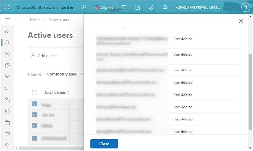 review deleted user mailboxes and click close
