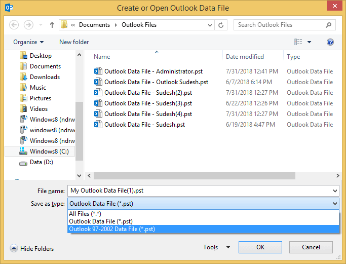 Select Outlook 97-2002 File