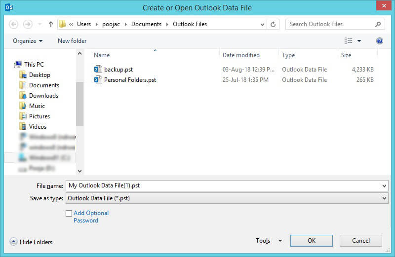 Create or Open Outlook Data File dialogue box enter a new name of the data file in the File Name field as per choice