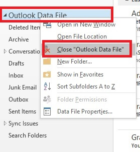 Right click on the data file and close Outlook Data File