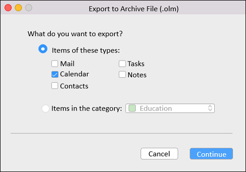 Select the items to export