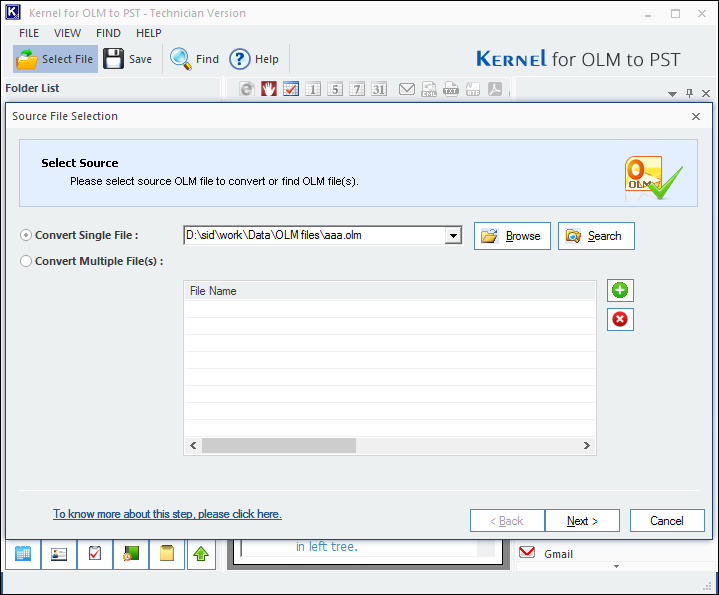 Launch OLM to PST converter tool