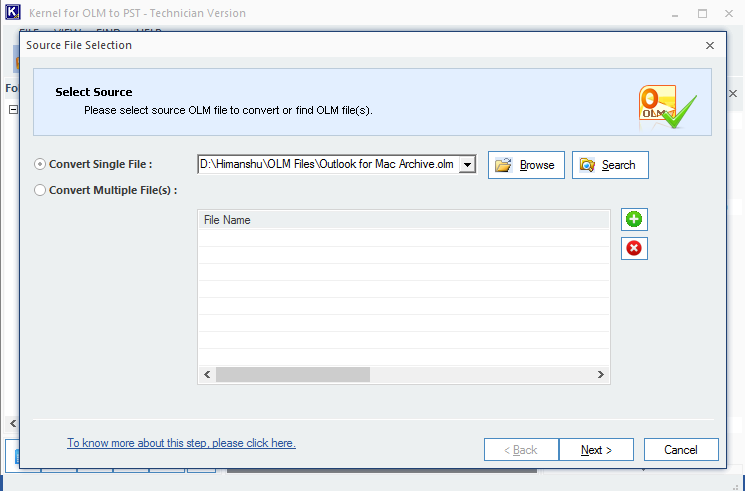 Select the OLM file and click Next