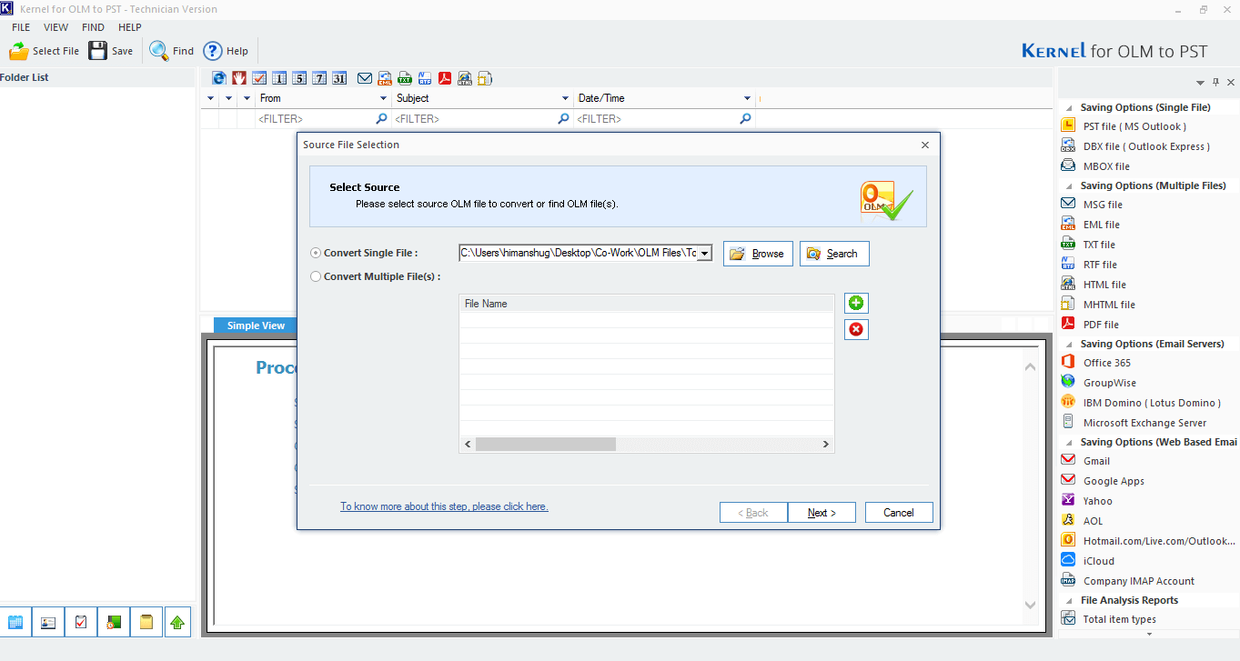 Select the OLM file and click Next