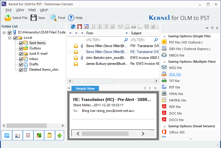 Select any folder and click to preview its emails