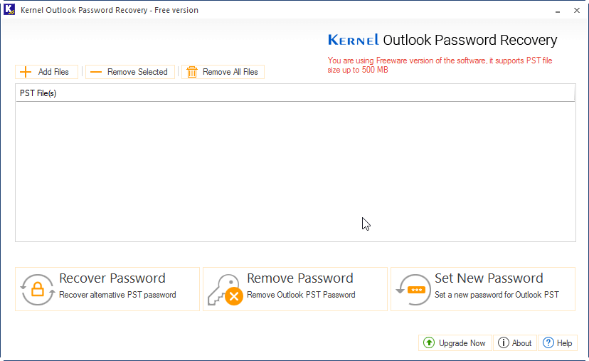 Outlook Password Recovery home screen