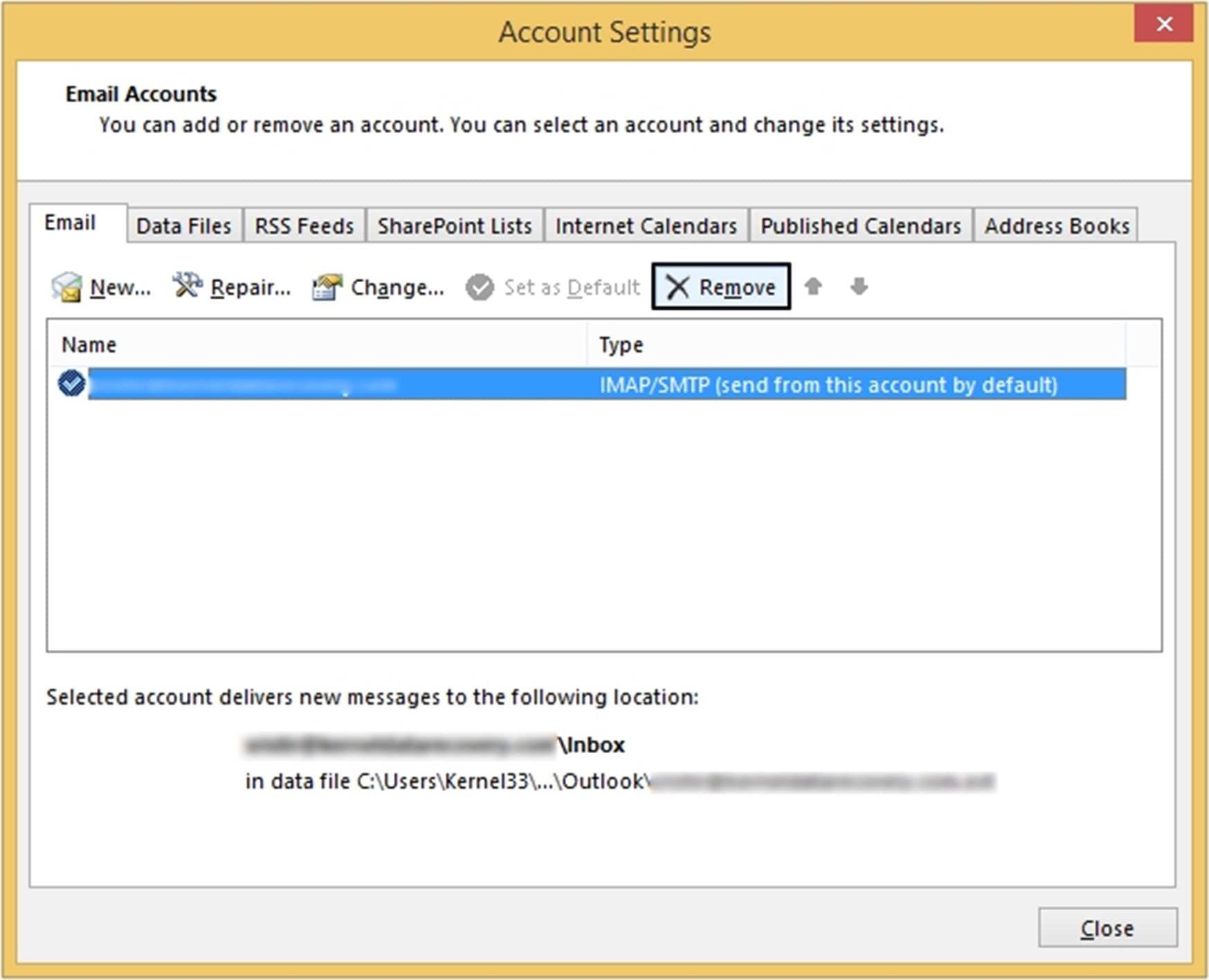 Select the desired data file that you want to remove and click on Remove