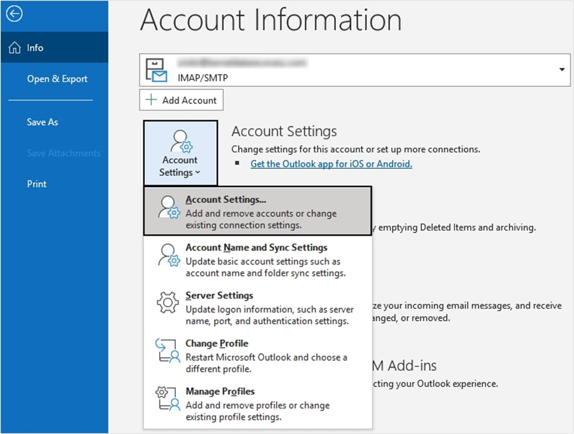 Start MS Outlook go to File then Info then Account Settings then Account Settings