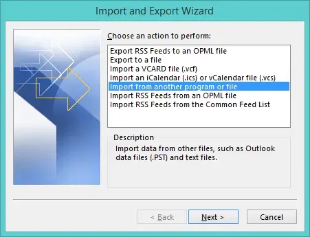 Choose import from another program option and click next