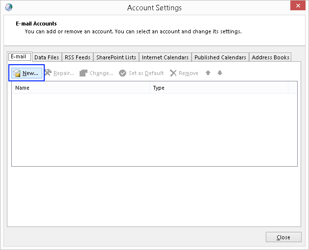 In the Email tab, click New.