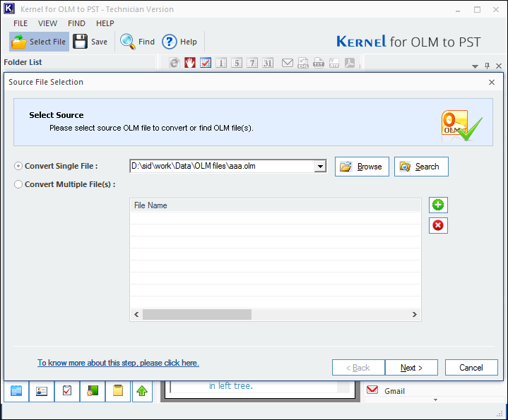 OLM to PST converter tool, Select OLM file