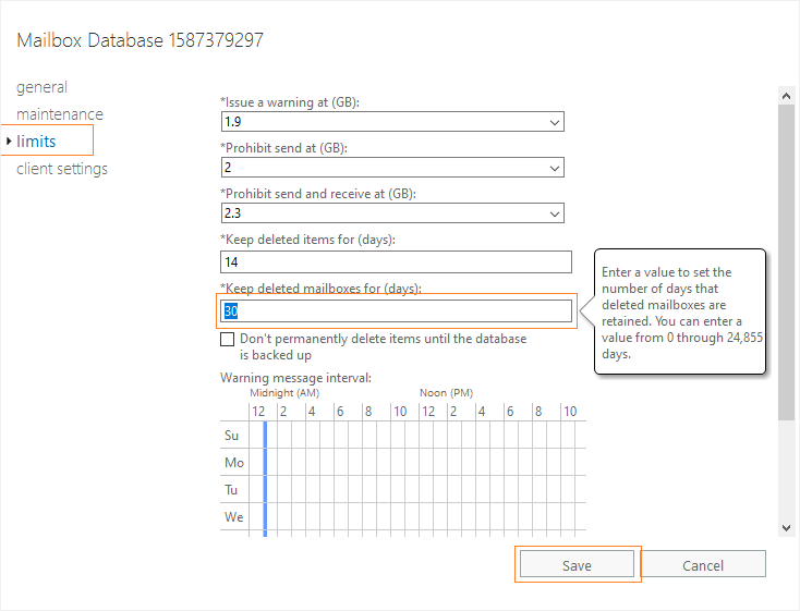 Set time limit to Keep deleted mailboxes