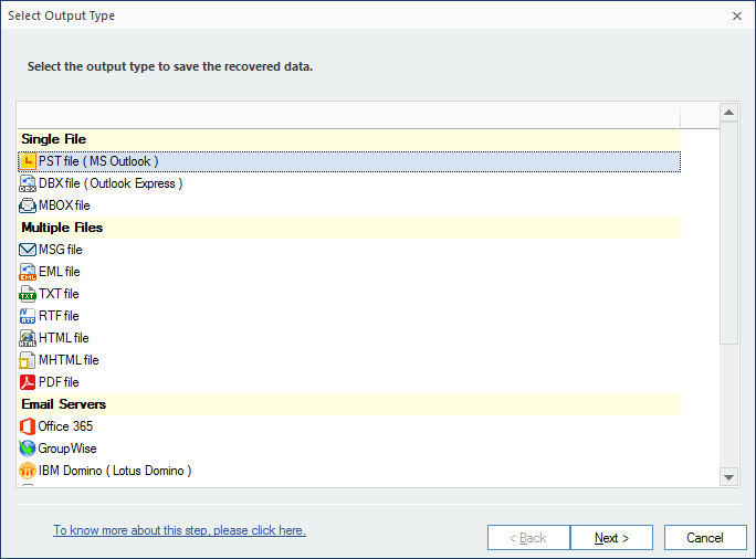Choose output type as PST file and click next