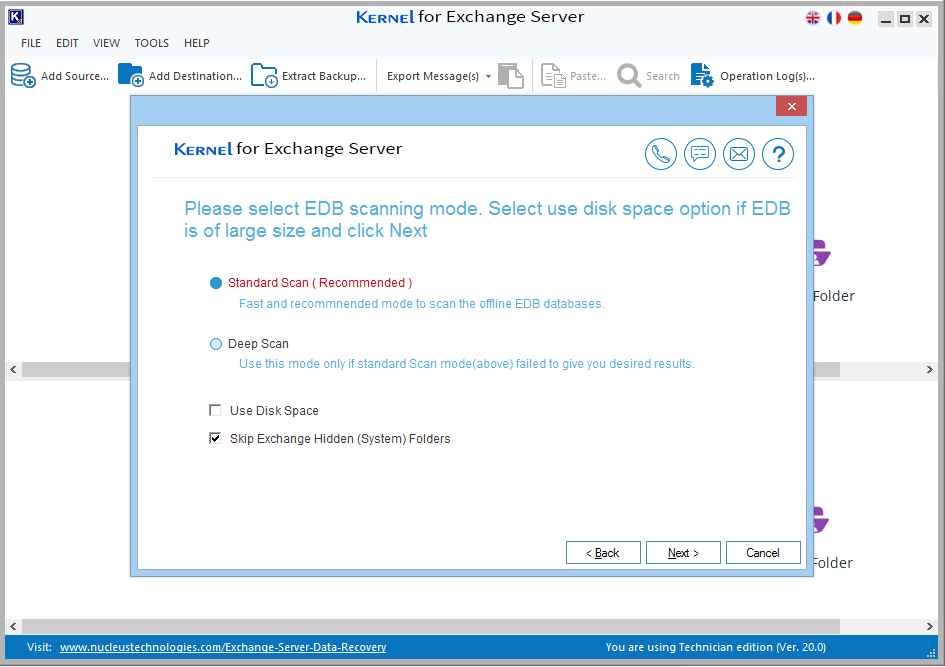 Choose a scanning mode to scan for any errors in the EDB file and click Next