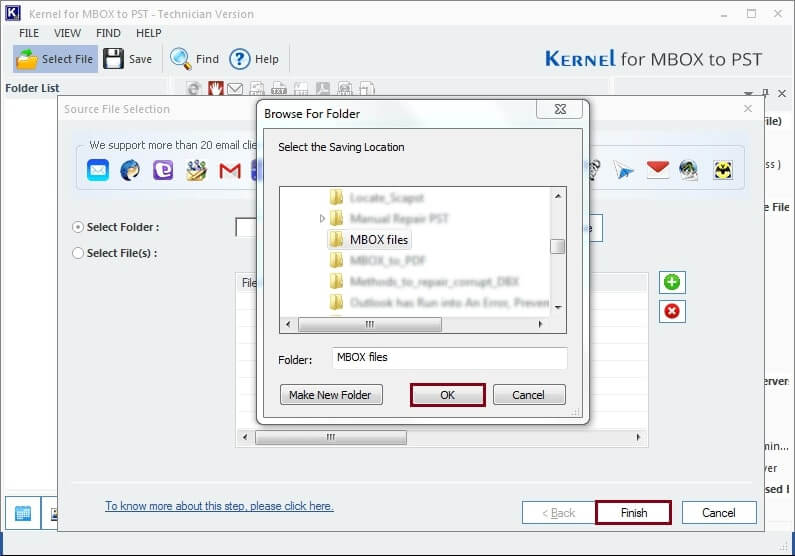 Choose the MBOX folder, press the OK button