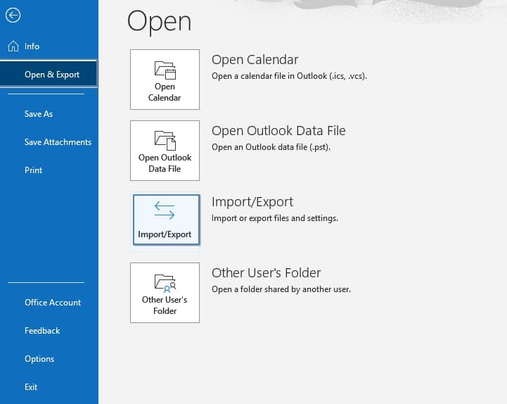 Outlook import export