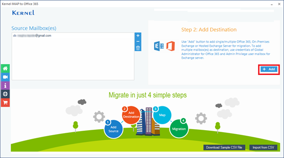 Add Office 365 account in destination section