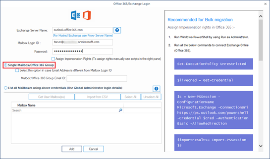 Select Single Mailbox/Office 365 Group option