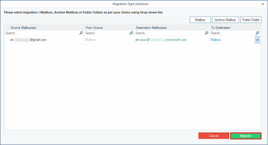 Select the type of mailbox to migrate Gmail data