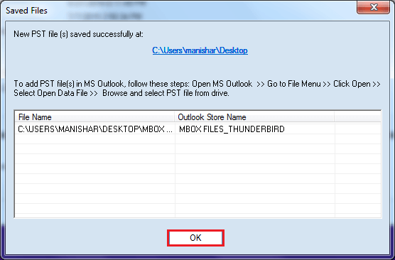 MBOX files save into Outlook successfully
