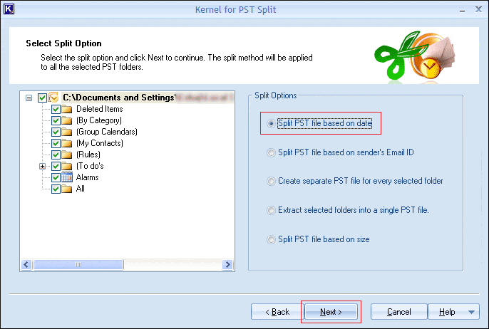 select split pst file