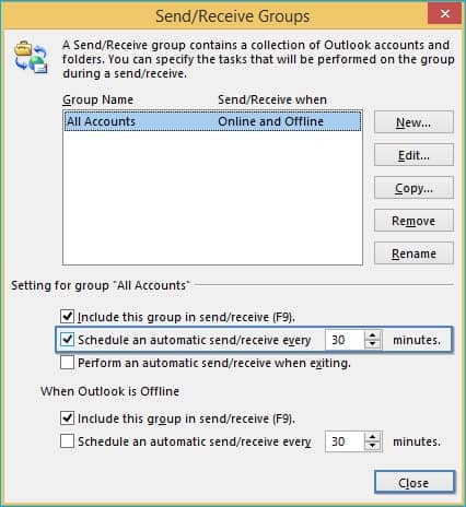 Setting inbox update frequency