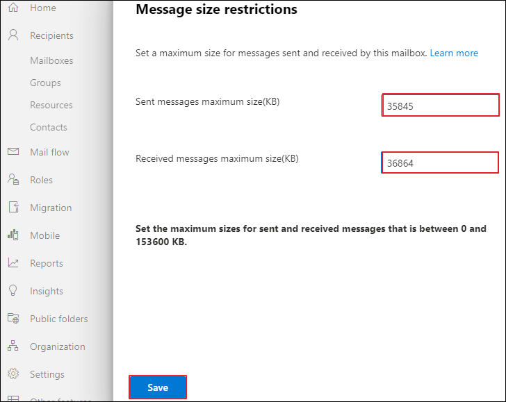 exchange 2013 max message size