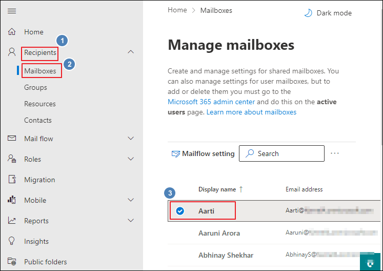 navigate to Recipients Mailboxes