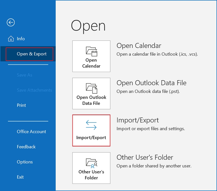 Click on Open and Export option in Outlook