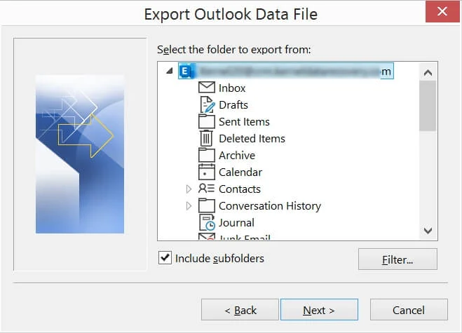Select the folder to export from along with the given filter