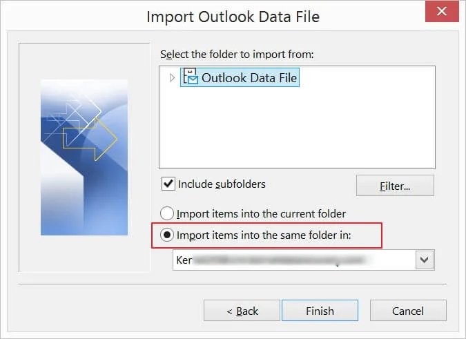 Choose the Import items into the same folder in option