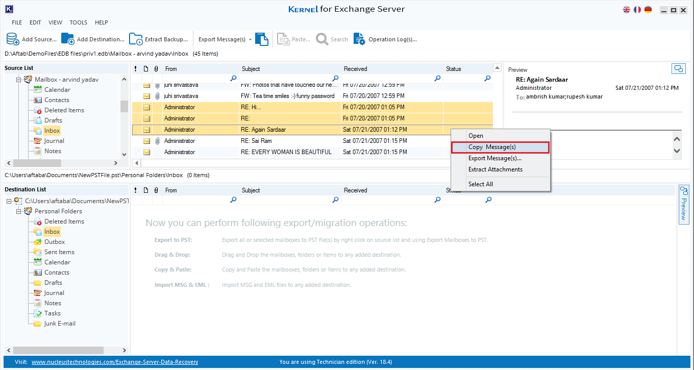 export the message from a source to destination