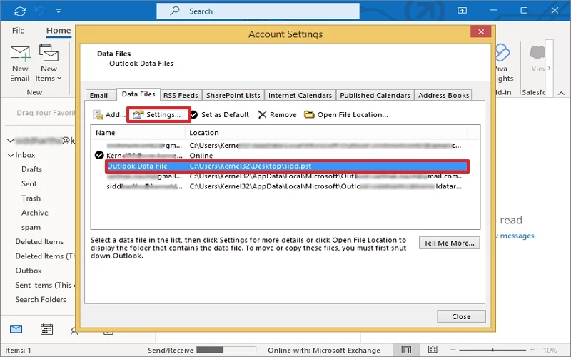 Go to the Data Files tab and select the PST file from which you want to remove password