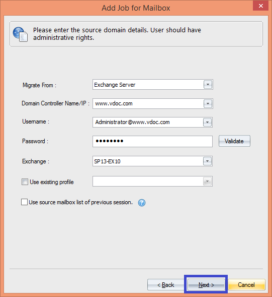 select Exchange Server as the source